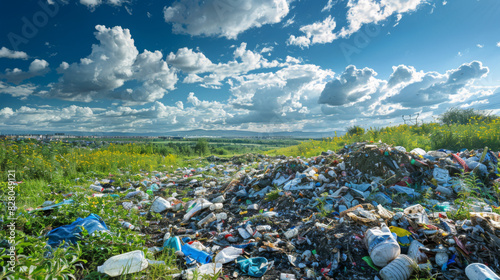 Expansive landfill filled with plastic waste contrasted by a beautiful cloudy sky and green fields.