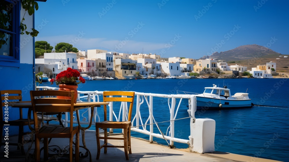 Fototapeta premium Shot of lakeside table with chairs. Generative AI