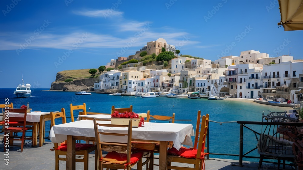 A boat docked with tables and chairs. Generative AI A boat docked with tables and chairs. Generative AI