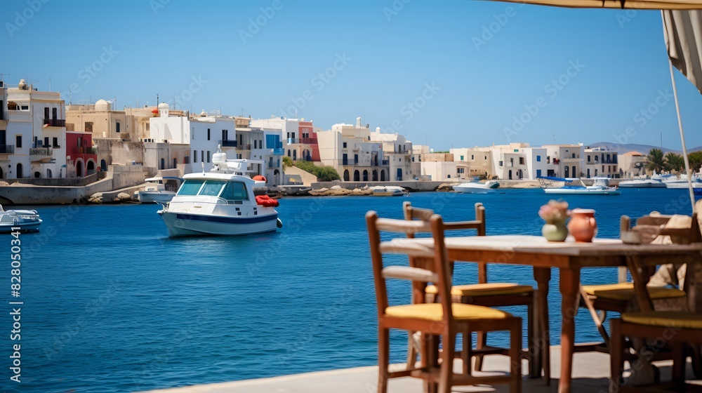 A boat docked with tables and chairs. Generative AI A boat docked with tables and chairs. Generative AI