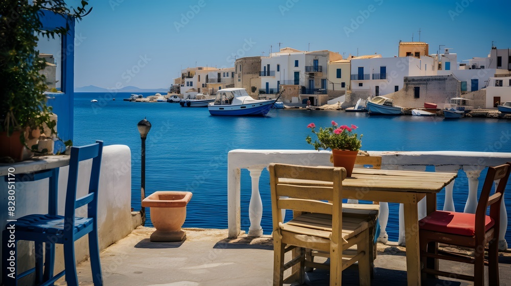A boat docked with tables and chairs. Generative AI A boat docked with tables and chairs. Generative AI