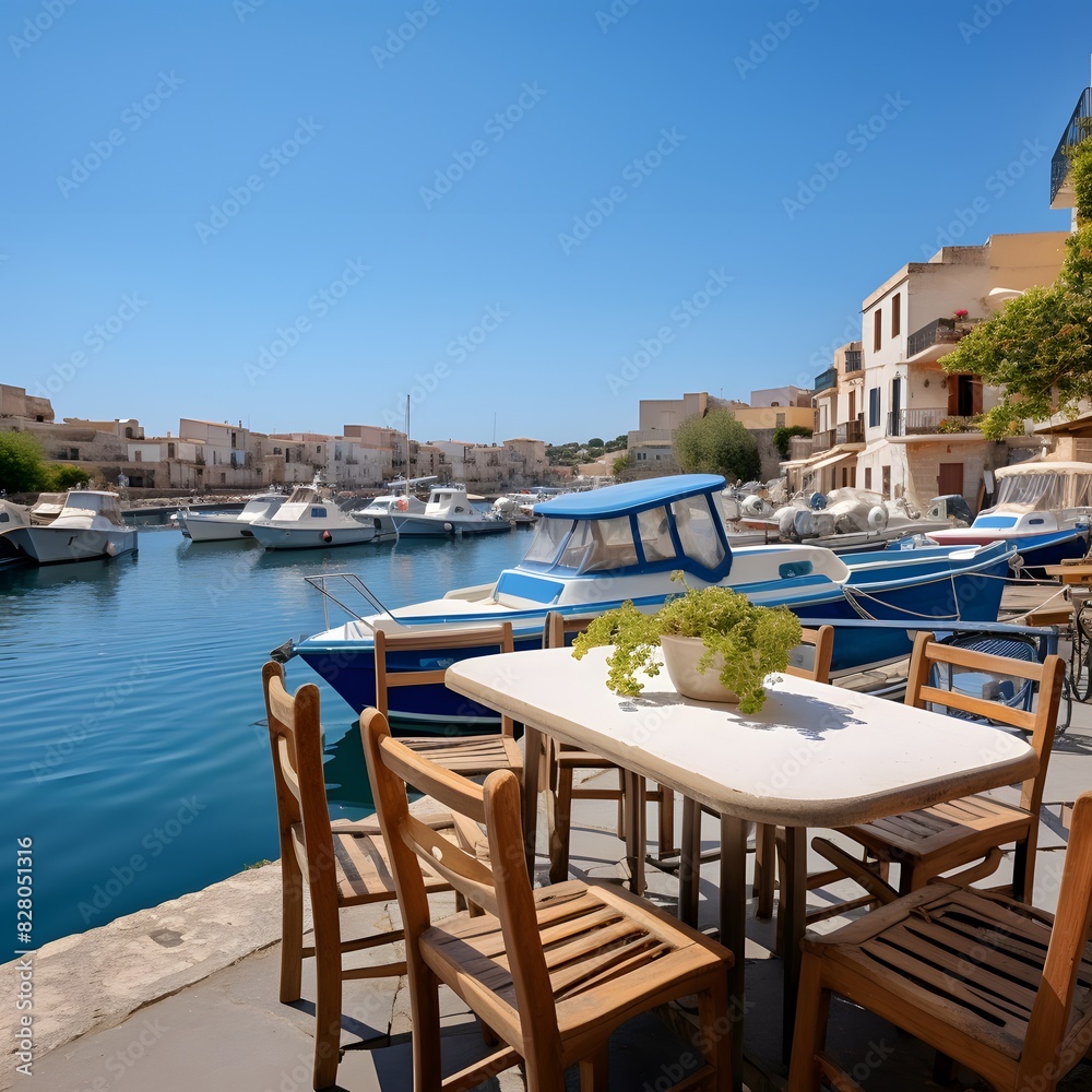 A boat docked with tables and chairs. Generative AI A boat docked with tables and chairs. Generative AI