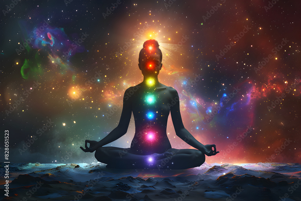 Human meditating to activate all seven chakras in isolation with a universe background.
