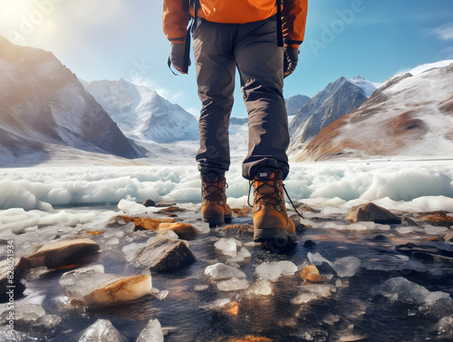 Hiking On Mountain, people with backpack hiking on mountain peaks, Hiking on green and Icy mountains, foggy hills, Hiking on open natural air, travel on mountain.