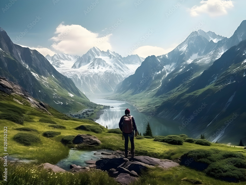 Naklejka premium Hiking On Mountain, people&nbsp;with backpack hiking on mountain peaks, Hiking on green and Icy mountains, foggy hills, Hiking on open natural air, travel on mountain.