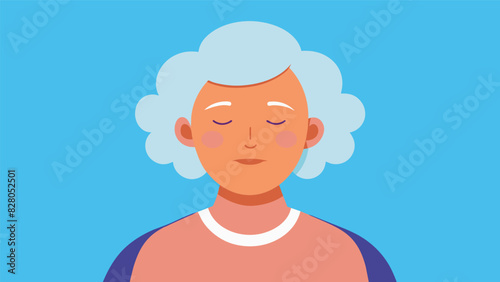 A senior participant closes their eyes and takes a deep breath feeling the tension in their body melt away during a guided relaxation exercise.. Vector illustration
