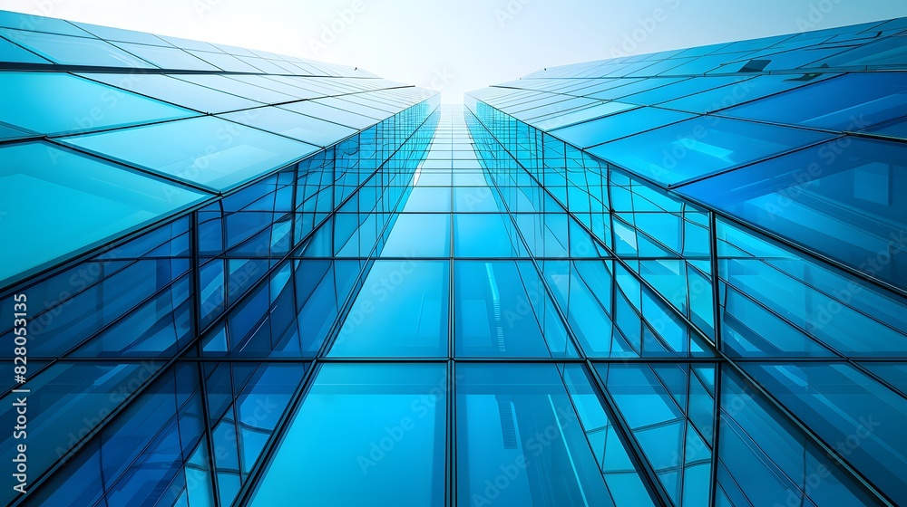 Obraz premium A blue glass building with triangular patterns, featuring the concept of modern architecture and technology, featuring geometric shapes.