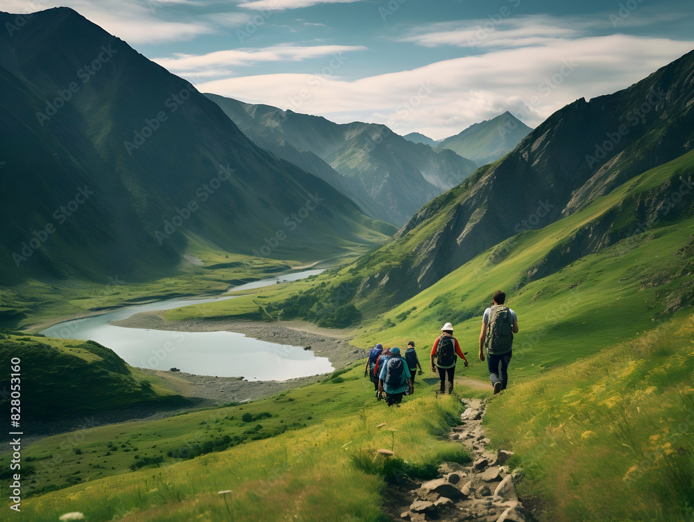 Obraz premium Hiking On Mountain, people&nbsp;with backpack hiking on mountain peaks, Hiking on green and Icy mountains, foggy hills, Hiking on open natural air, travel on mountain.