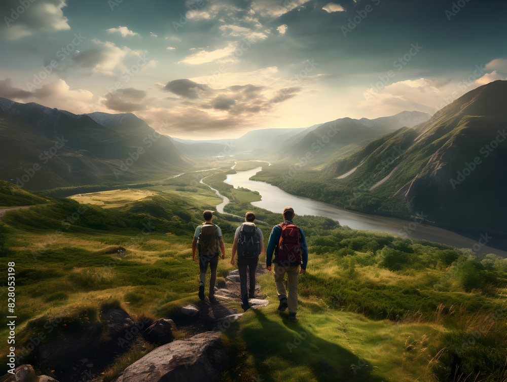 Fototapeta premium Hiking On Mountain, people&nbsp;with backpack hiking on mountain peaks, Hiking on green and Icy mountains, foggy hills, Hiking on open natural air, travel on mountain.