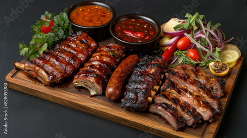 assorted grilled meat platter with ribs, sausage, and sauces on rustic wooden board