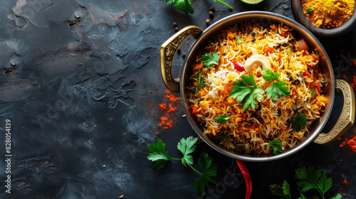 aromatic indian biryani with saffron rice and mixed vegetables in a brass pot with a copy space