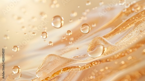 A closeup of glossy, round droplets suspended in midair on an abstract background, symbolizing the golden color tone of skin care products. photo