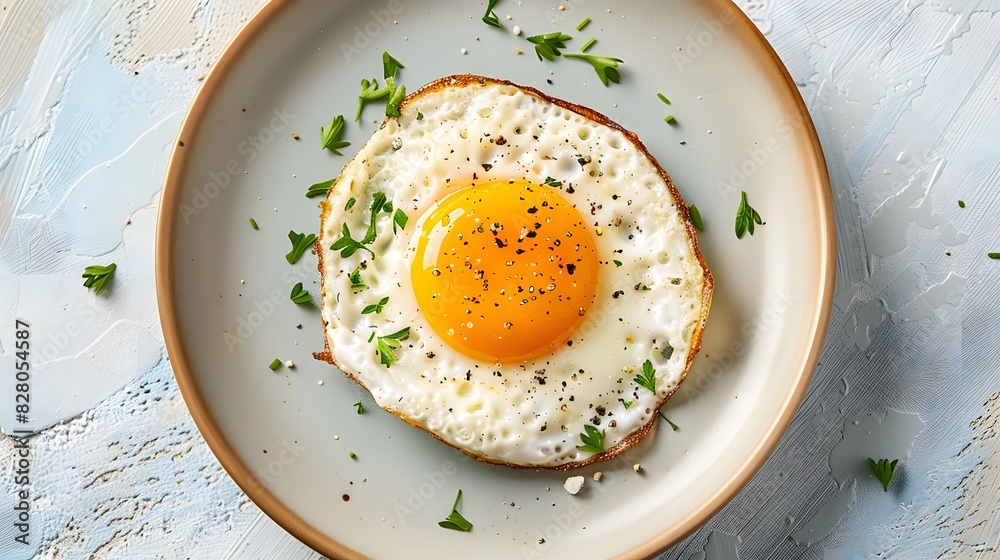 A fried egg on an isolated pastel blue background, viewed from above, in the center of a plate with no other food items. A fried egg on an isolated pastel blue background, viewed from above, in the center of a plate with no other food items.