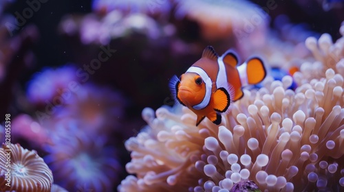 Clownfish Ocellaris forming a mutually beneficial relationship with sea anemones