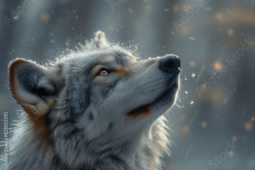Wolf rejoices the first snow encounter at sunset. Deep autumn evening. Close up sunny portrait of the happy smiling animal under the snowfall. 