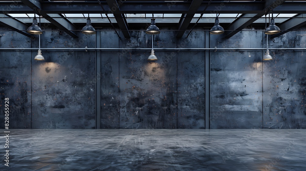 A large empty dark grey industrial wall with soft lighting, empty space for product display, concrete floor, and metal beams, creating an atmosphere of sophistication and sleekness. A large empty dark grey industrial wall with soft lighting, empty space for product display, concrete floor, and metal beams, creating an atmosphere of sophistication and sleekness.