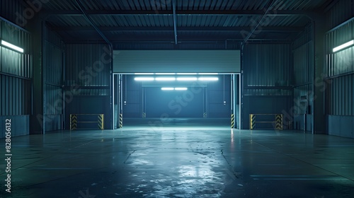 A large, empty garage with an open roller door illuminated by bright lights. The background is dark and the lighting creates a sense of mystery or intrigue.