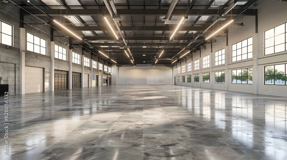A large, empty warehouse with concrete floors and high ceilings. The walls of the space have no decorations or lighting fixtures, creating an open feeling that highlights its spaciousness. A large, empty warehouse with concrete floors and high ceilings. The walls of the space have no decorations or lighting fixtures, creating an open feeling that highlights its spaciousness.