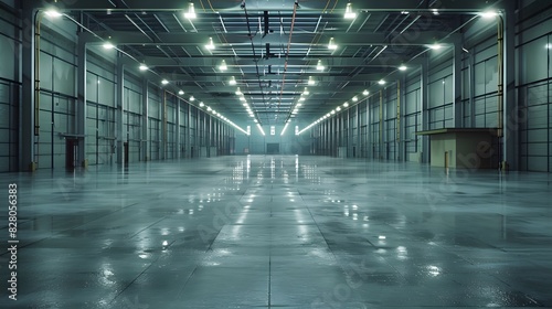 A large, empty warehouse with concrete floors and high ceilings. The walls of the space have no decorations or lighting fixtures, creating an open feeling that highlights its spaciousness. photo