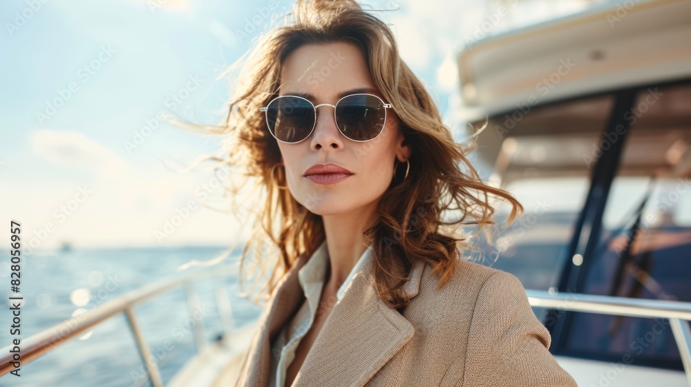 Fashion portrait of a senior female model on yacht in sea. Fashion portrait of a senior female model on yacht in sea.