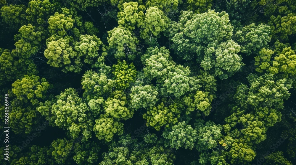 Naklejka premium Aerial top view of green trees in forest. Drone view of dense green tree captures CO2. Green tree nature background for carbon neutrality and net zero emissions concept. Sustainable green environment.