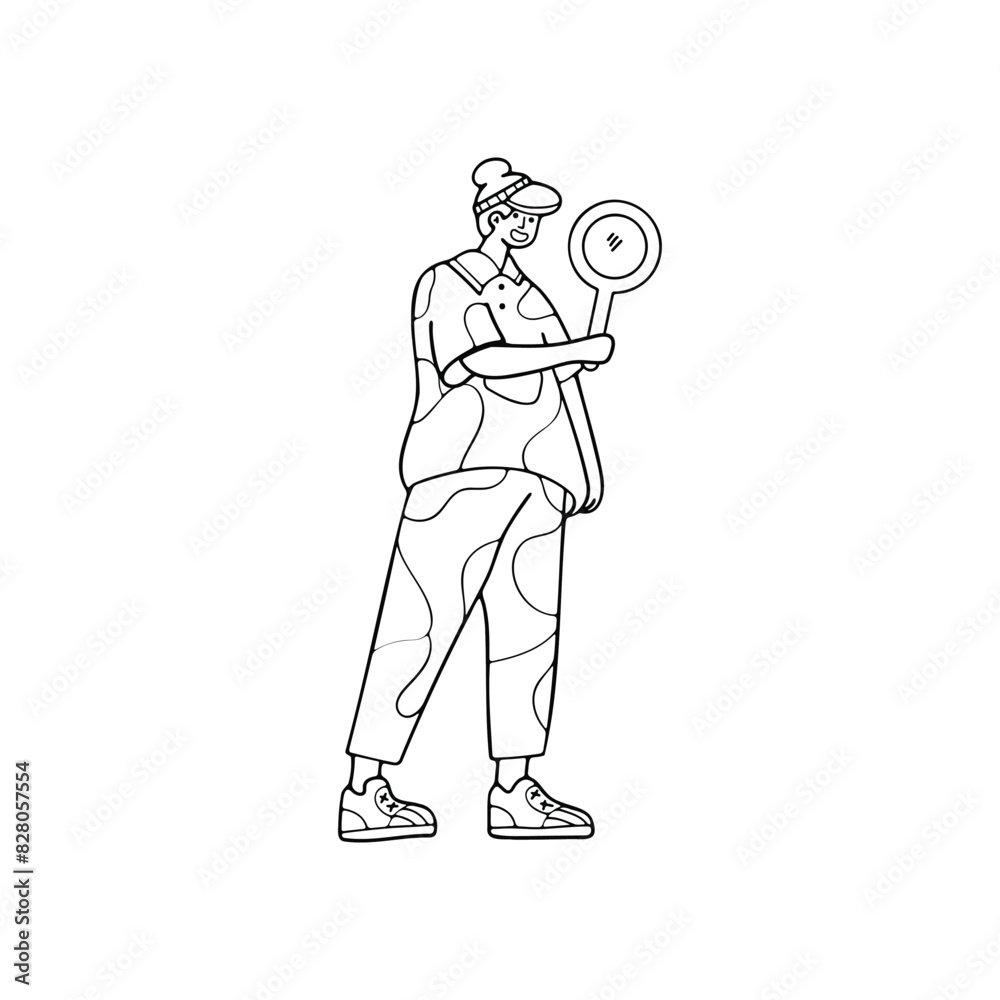 black and white isolated illustration of a man holding a magnifying glass for searching black and white isolated illustration of a man holding a magnifying glass for searching