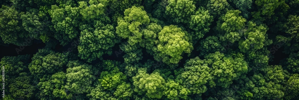 Aerial top view of green trees in forest. Drone view of dense green tree captures CO2. Green tree nature background for carbon neutrality and net zero emissions concept. Sustainable green environment.