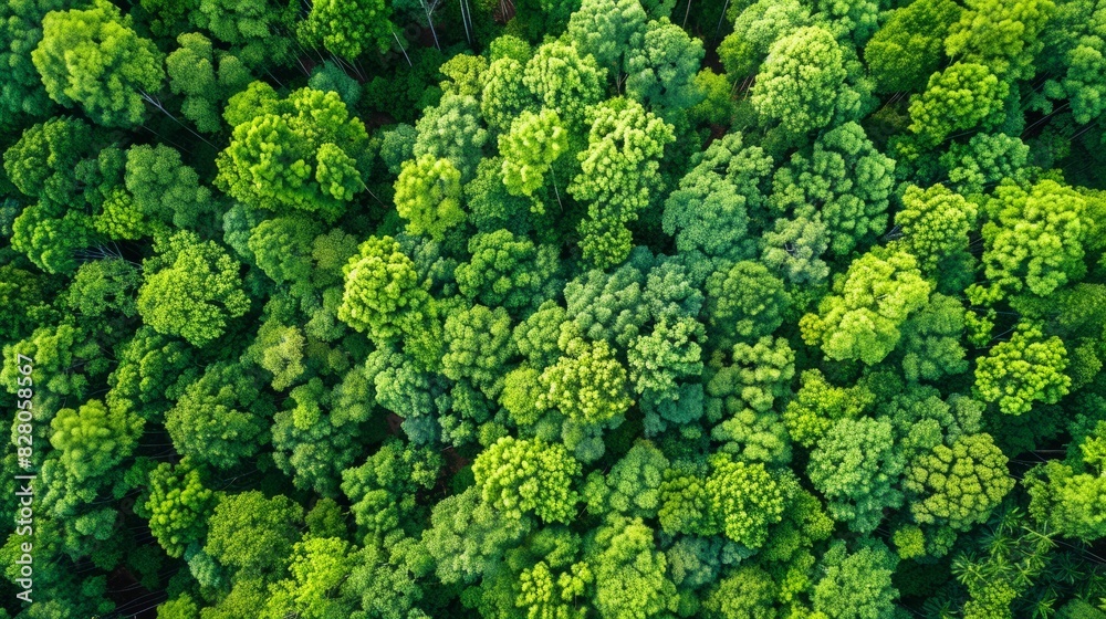 Aerial top view of green trees in forest. Drone view of dense green tree captures CO2. Green tree nature background for carbon neutrality and net zero emissions concept. Sustainable green environment.