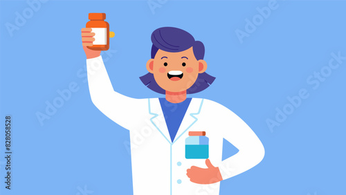 The pharmacist holding up a bottle of fish oil supplements and describing how they can help with joint pain and inflammation.. Vector illustration