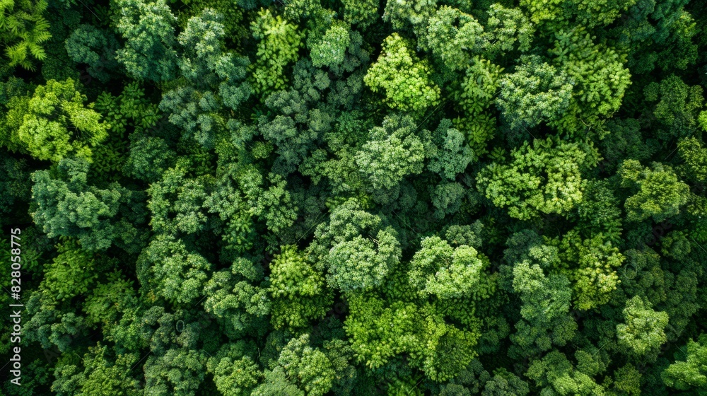 Naklejka premium Aerial top view of green trees in forest. Drone view of dense green tree captures CO2. Green tree nature background for carbon neutrality and net zero emissions concept. Sustainable green environment.