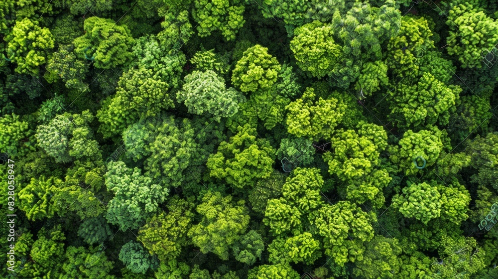 Aerial top view of green trees in forest. Drone view of dense green tree captures CO2. Green tree nature background for carbon neutrality and net zero emissions concept. Sustainable green environment. Aerial top view of green trees in forest. Drone view of dense green tree captures CO2. Green tree nature background for carbon neutrality and net zero emissions concept. Sustainable green environment.