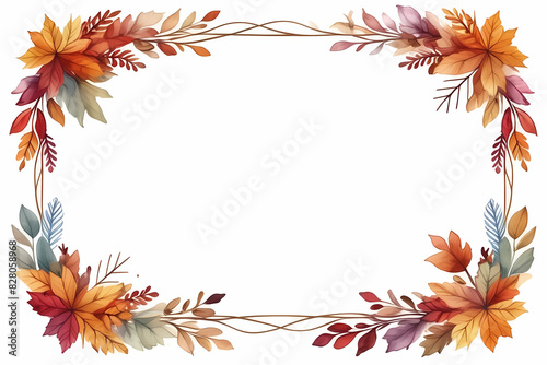 Vibrant watercolor border featuring autumn and Thanksgiving motifs: colorful leaves, pumpkins, and an assortment of seasonal fruits.
