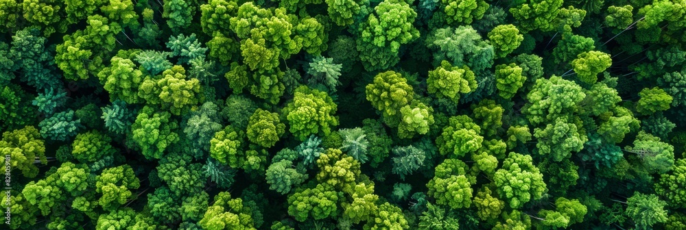Fototapeta premium Aerial top view of green trees in forest. Drone view of dense green tree captures CO2. Green tree nature background for carbon neutrality and net zero emissions concept. Sustainable green environment.