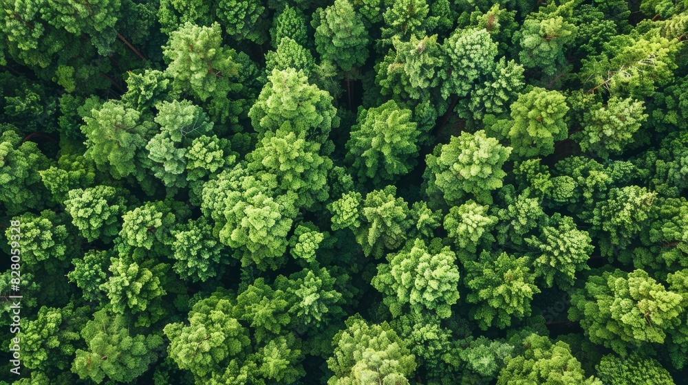 Naklejka premium Aerial top view of green trees in forest. Drone view of dense green tree captures CO2. Green tree nature background for carbon neutrality and net zero emissions concept. Sustainable green environment.