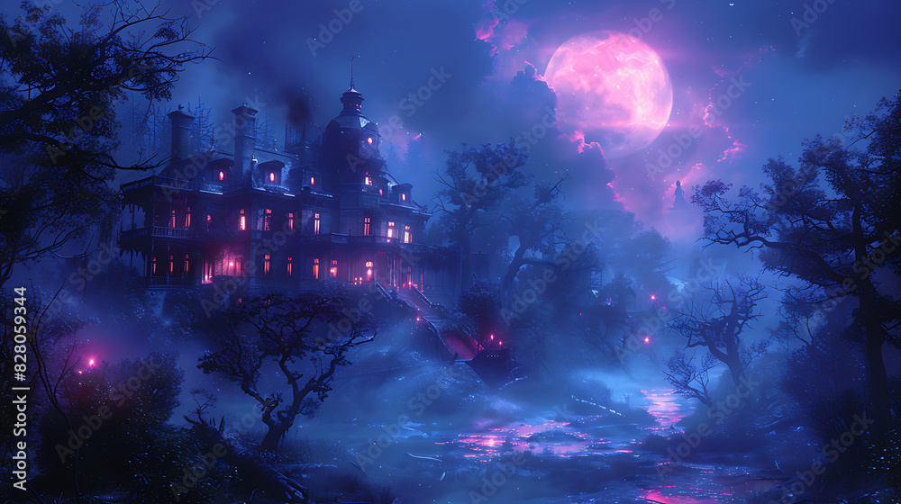 illustration of a haunted mansion shrouded in mist with creaking floorboards flickering candlelight and ghostly apparitions haunting the halls on a moonlit night