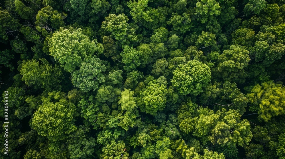 Naklejka premium Aerial top view of green trees in forest. Drone view of dense green tree captures CO2. Green tree nature background for carbon neutrality and net zero emissions concept. Sustainable green environment.