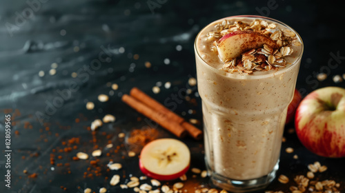 homemade apple banana smoothie with oats and cinnamon in a glass photo