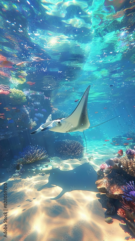 Fototapeta premium Peaceful underwater exploration in a crystalclear lagoon, with graceful manta rays gliding effortlessly above a sandy seabed, surrounded by vibrant marine life