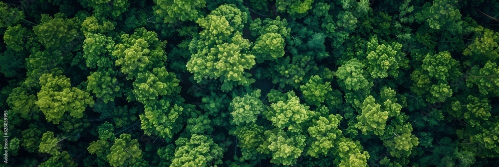 Aerial top view of green trees in forest. Drone view of dense green tree captures CO2. Green tree nature background for carbon neutrality and net zero emissions concept. Sustainable green environment.