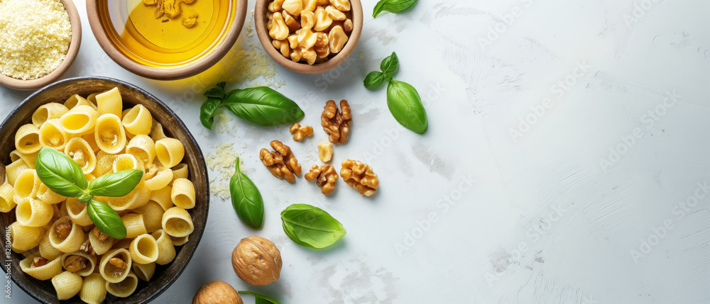 italian pasta with olive oil, grated cheese, fresh basil, and walnuts on a bright surface with copy space for text italian pasta with olive oil, grated cheese, fresh basil, and walnuts on a bright surface with copy space for text