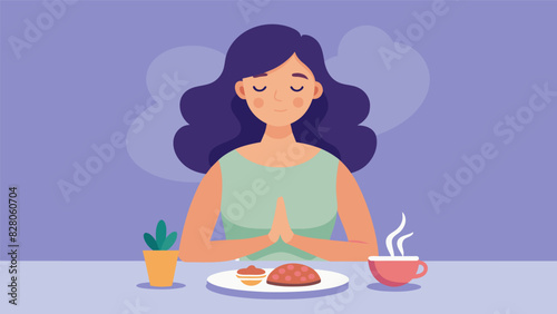 A woman sits at a table gently closing her eyes and taking a deep breath before taking her first bite of food.. Vector illustration