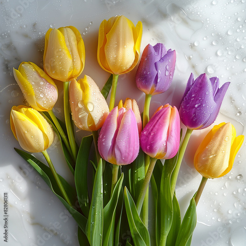 Colorful Tulips with Water Droplets