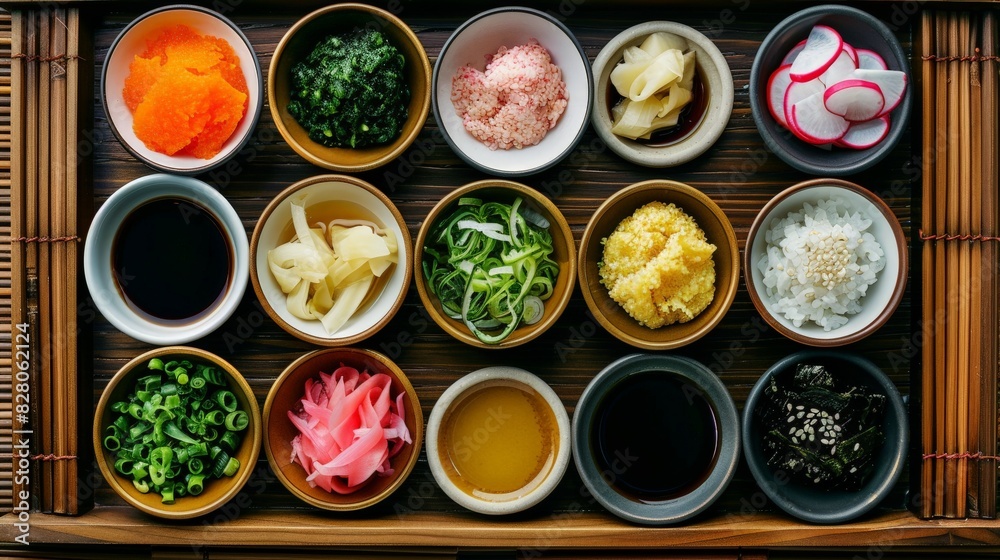 Top-View Platter of Sushi Condiments on Wooden Tray Top-View Platter of Sushi Condiments on Wooden Tray