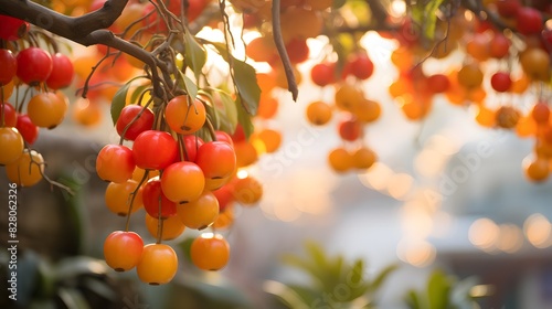 Colorful fruits are hanging on the branches. Generative AI