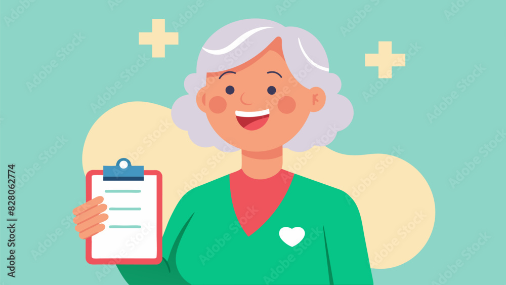 An older woman smiling with relief after receiving a good report from her doctor during her annual preventive health screening.. Vector illustration An older woman smiling with relief after receiving a good report from her doctor during her annual preventive health screening.. Vector illustration
