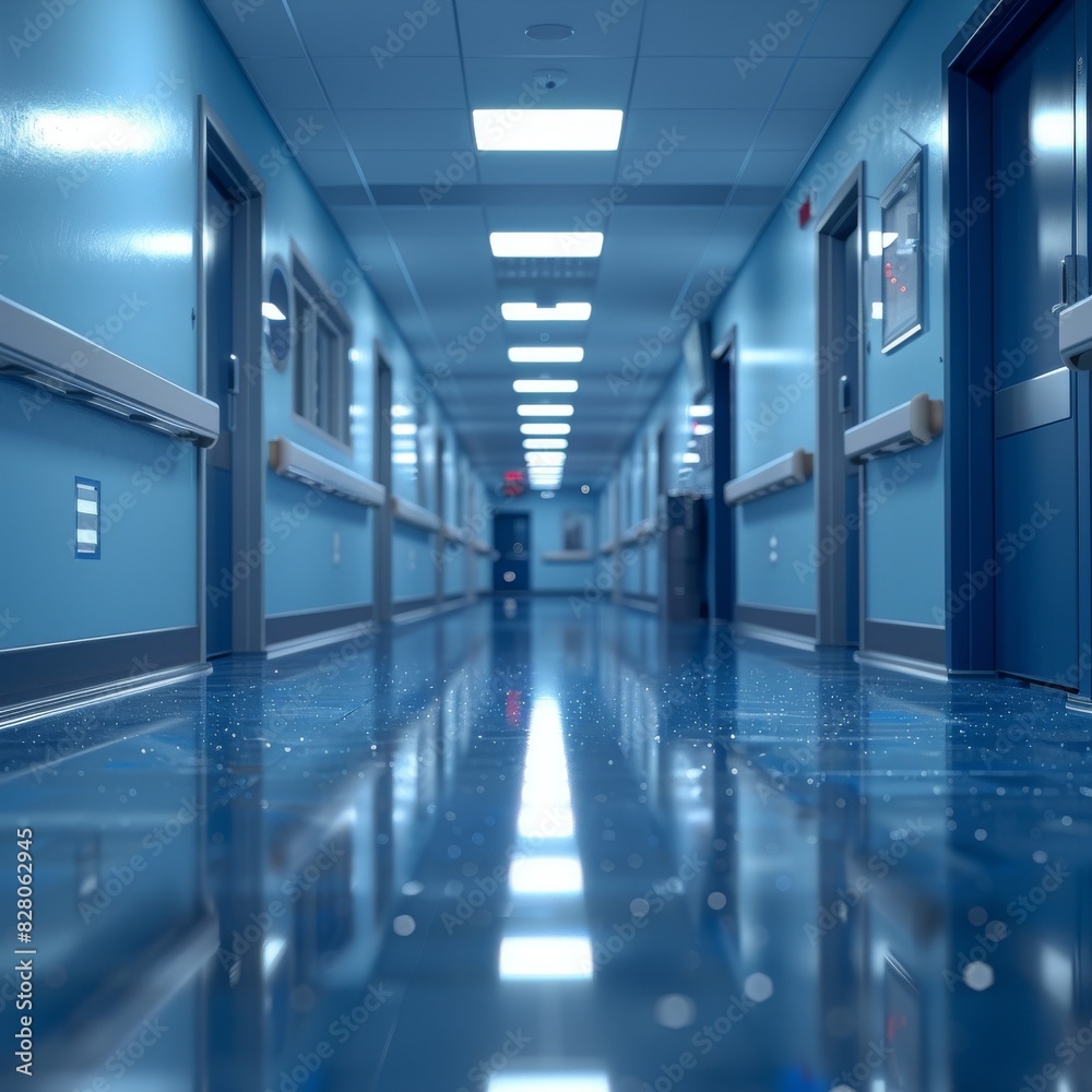 Fototapeta premium A sleek and sterile empty hospital corridor background that is somewhat sad and possibly alarming. 