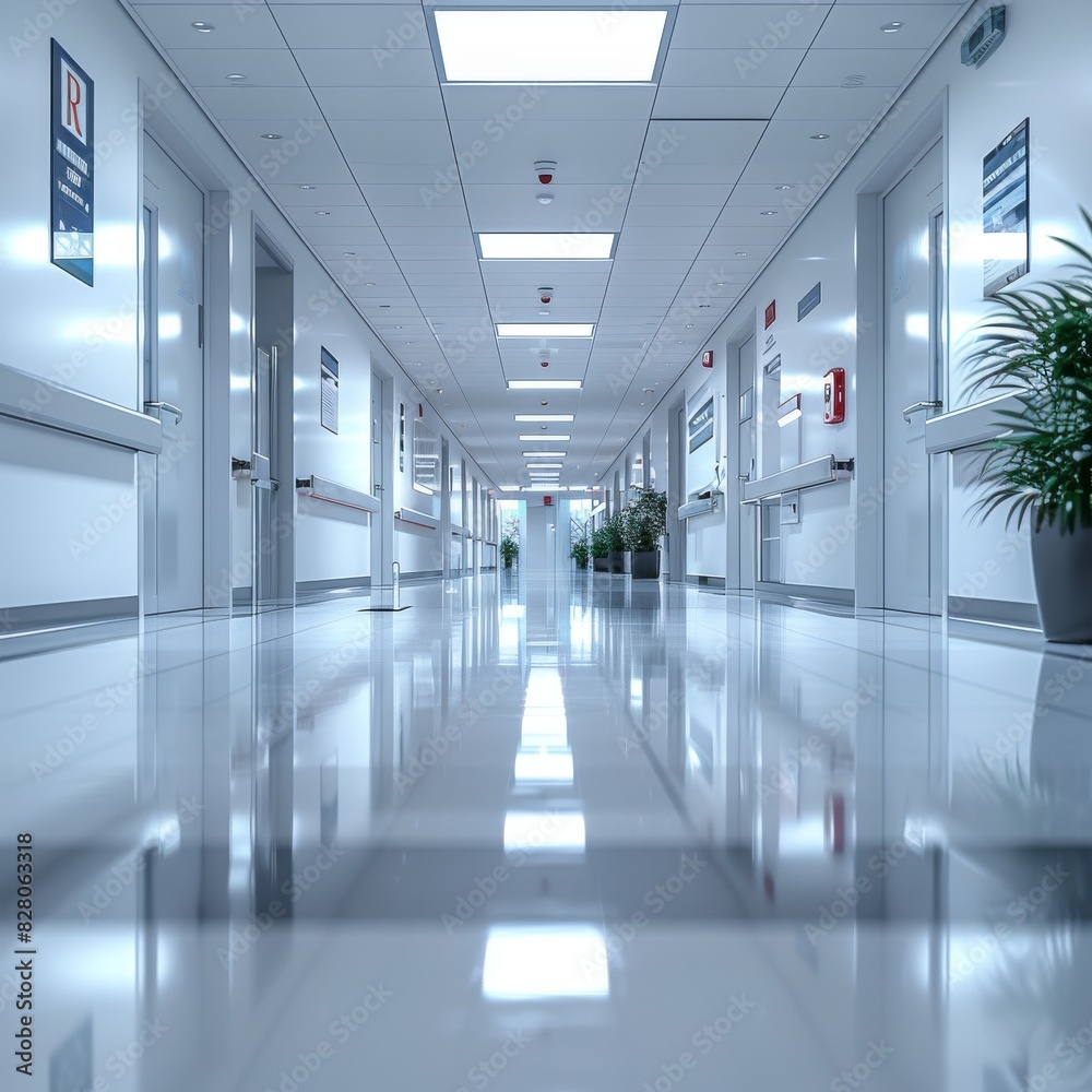 Obraz premium A sleek and sterile empty hospital corridor background that is somewhat sad and possibly alarming. 