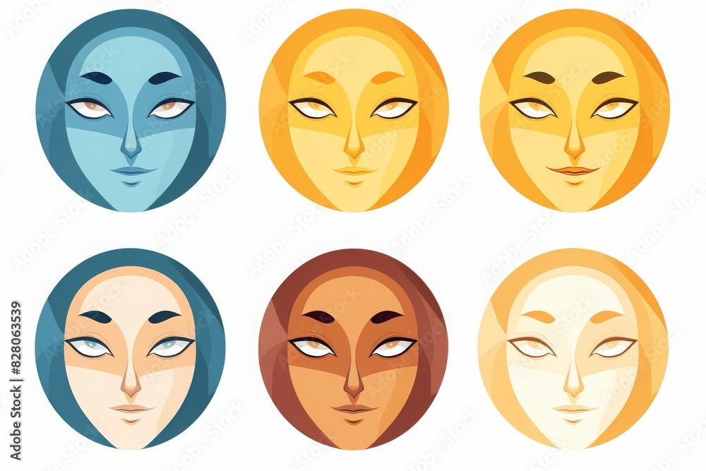 illustration of six abstract human faces in different colors, showcasing diverse artistic expressions and cultural representations. illustration of six abstract human faces in different colors, showcasing diverse artistic expressions and cultural representations.