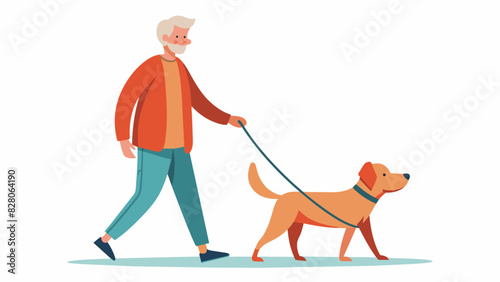 A therapy dog joins a senior on a walk providing motivation and companionship that helps the senior overcome feelings of loneliness and isolation.. Vector illustration