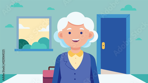 With a grin on her face an elderly woman arrives for work on her first day at a new job proving that its never too late to take on new challenges.. Vector illustration